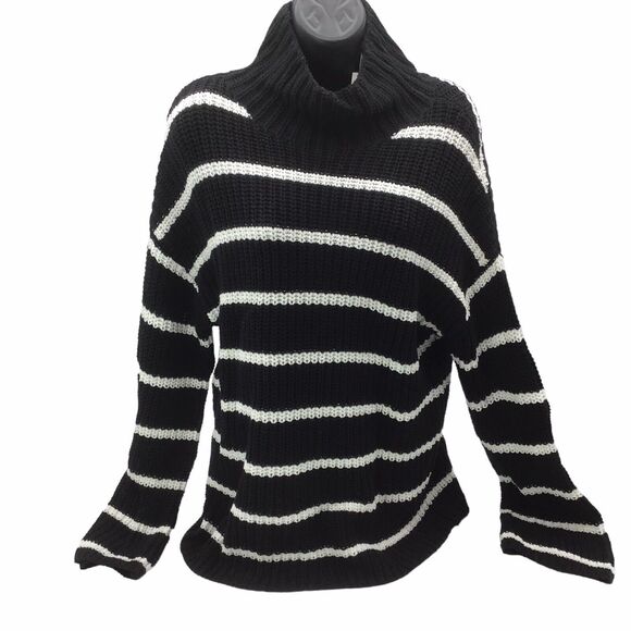 Caslon Women’s Small Black White Chunky Turtleneck Pullover Striped Sweater - Picture 1 of 13
